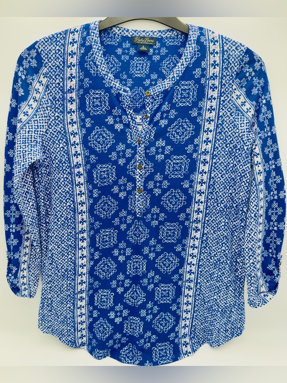 Lucky Brand Blue & White Printed Long Sleeve Henley